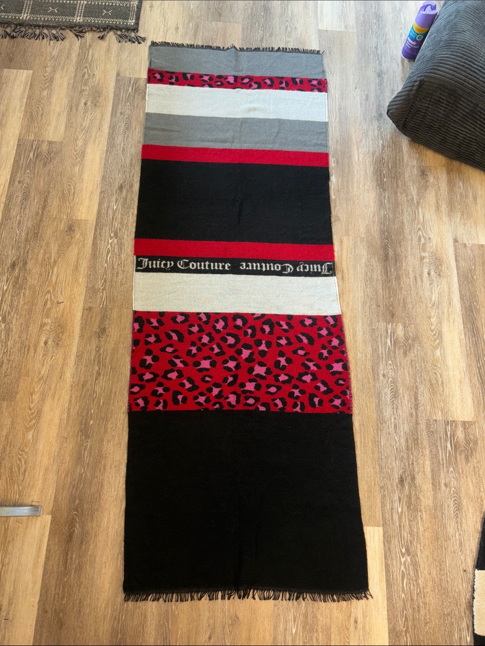 Juicy Couture Red & Black Leopard Stripe Throw Scarf 27 x 77